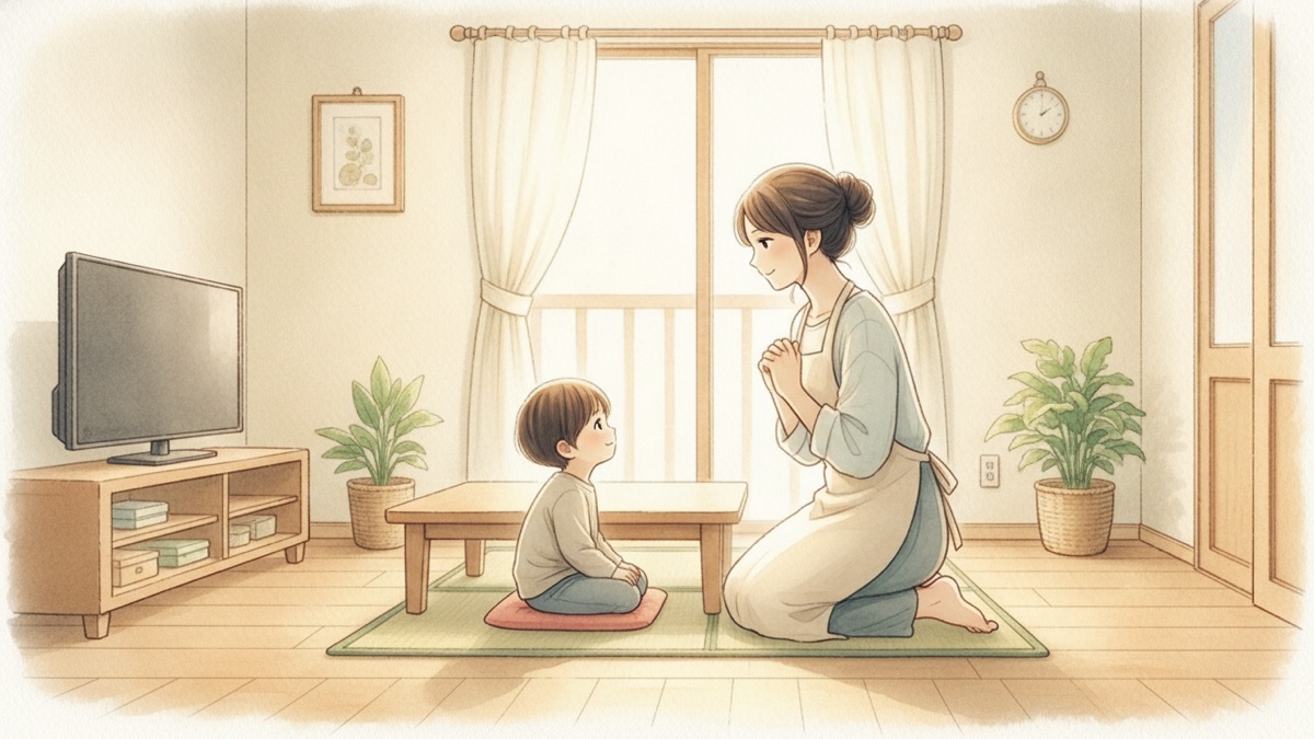 子どもの目線まで下りて落ち着いて話す母