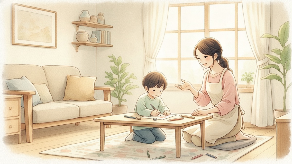 机で取り組む子を見守り、声をかける母