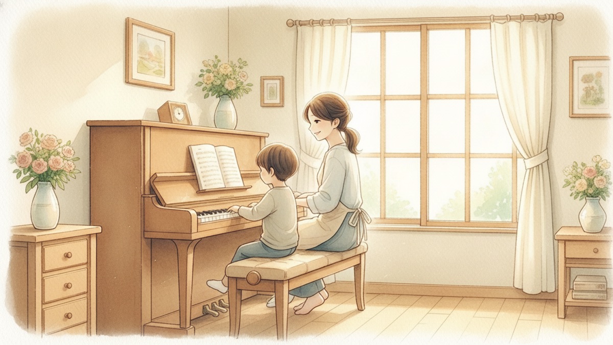 ピアノを弾く子どもと、見守る母