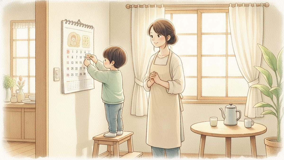 カレンダーにシールを貼る子と、見守る母