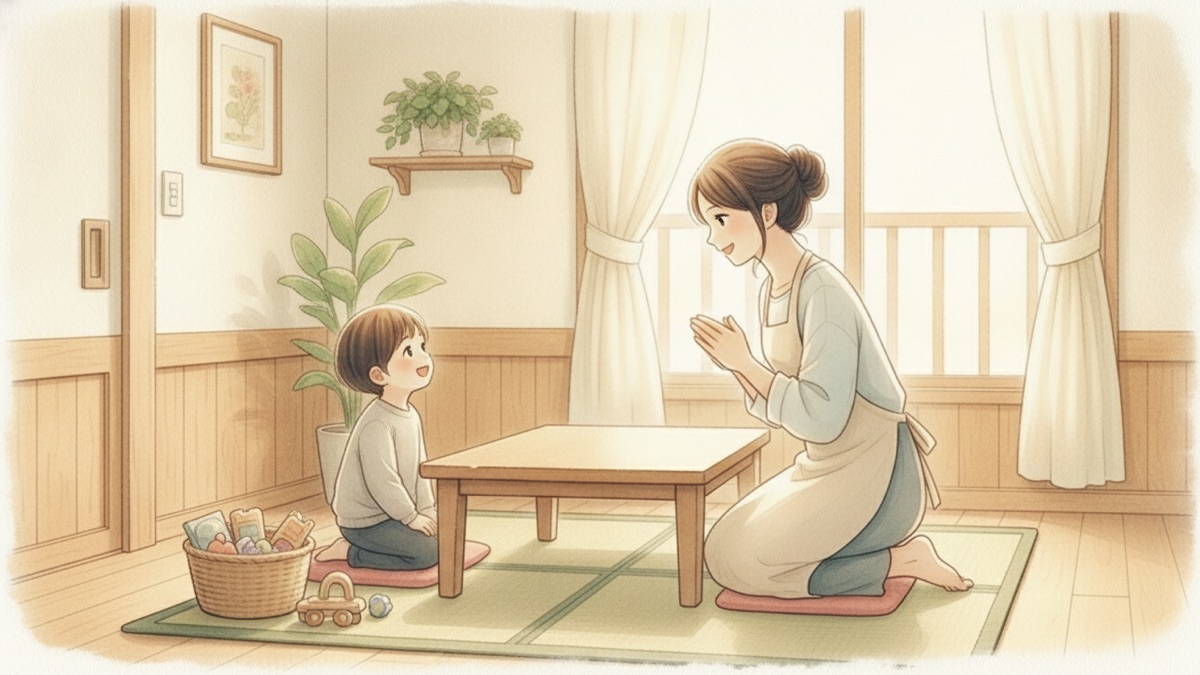 おもちゃを片づけられた子どもに『できたね』と声をかける母