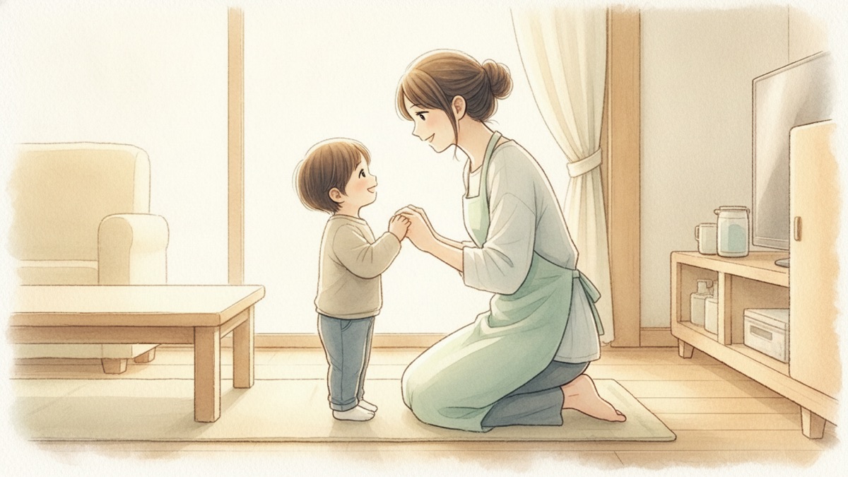 子どもと目線を合わせて、笑顔で話す母