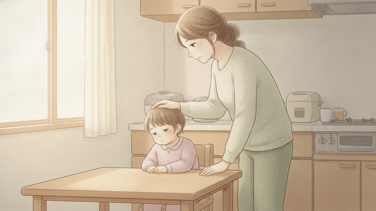台所で子どもの額にそっと手を当てて様子をみる母親のイラスト