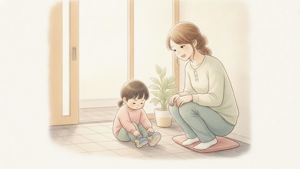 玄関で自分で靴をはこうとする子どもを、そばで見守る母親