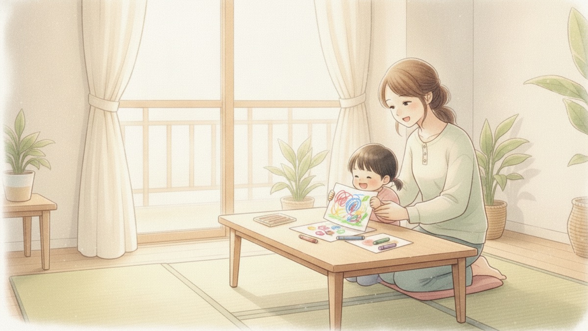 自分で描いた絵を母親にうれしそうに見せる子ども