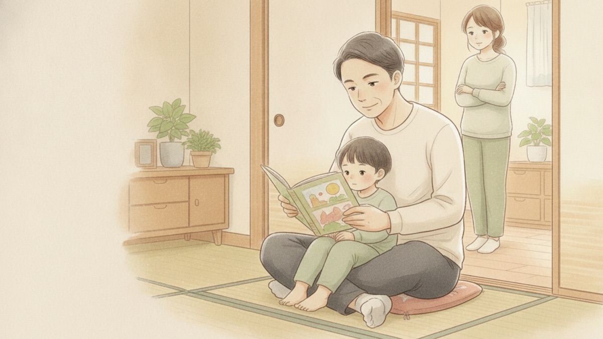 父親が寝る前の絵本を子どもに読み、母親が戸口から穏やかに見守るイラスト
