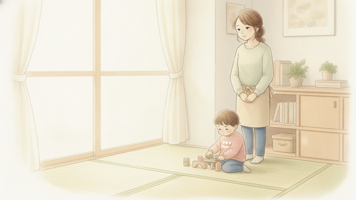 少し離れて、子どもを穏やかに見守る母
