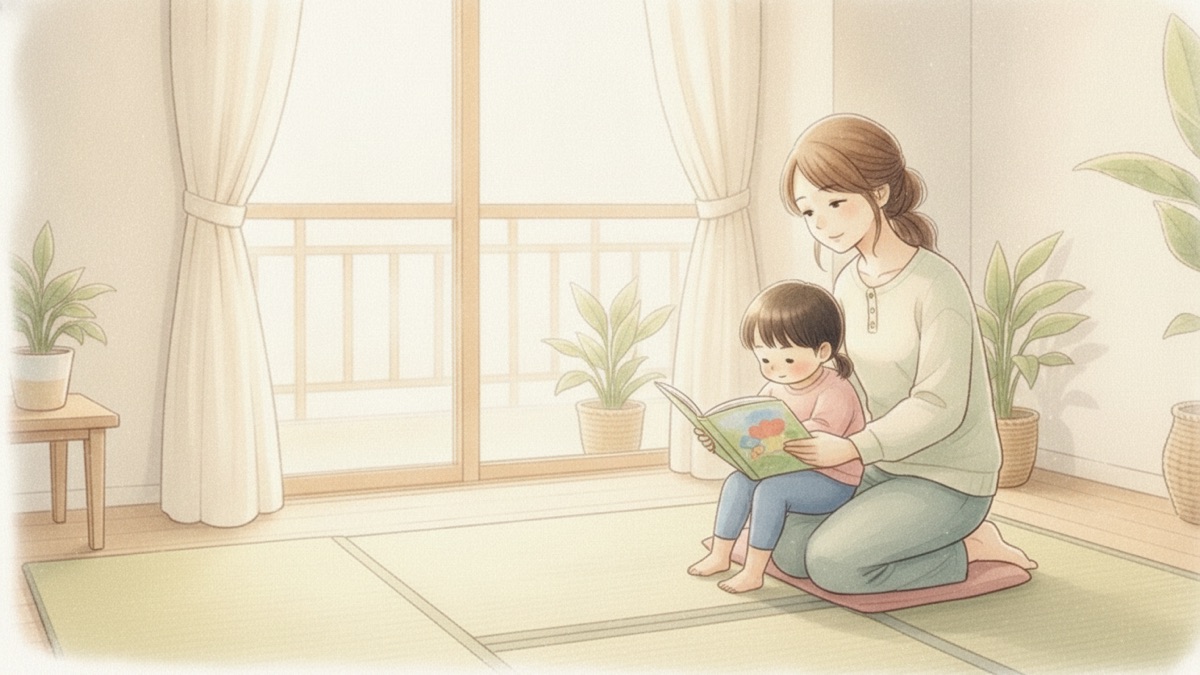 窓辺で子どもといっしょに絵本を読む、穏やかな母親