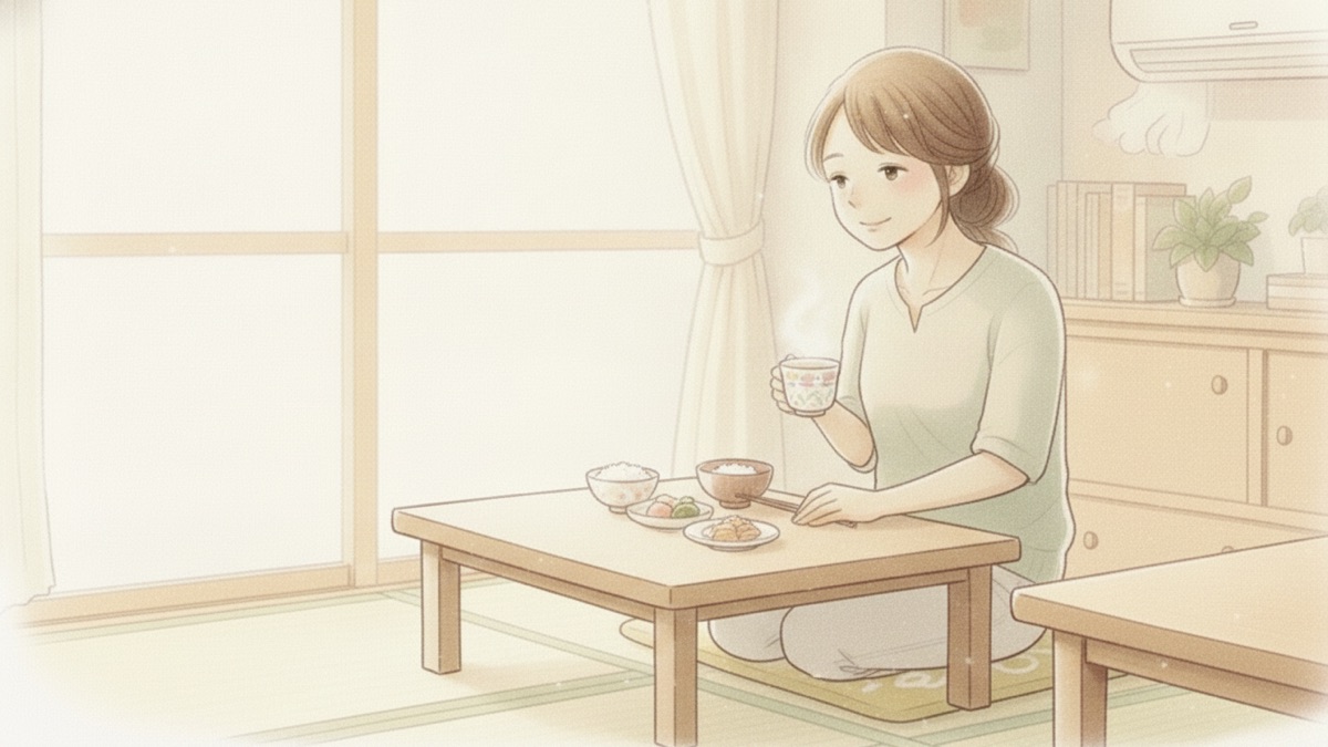 低いテーブルでお茶と簡単な食事、家事を手放してひと息つく母親