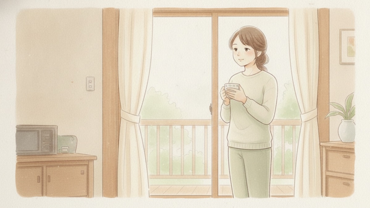 朝、窓辺で温かいお茶を手に、肩の力が抜けた母親のイラスト