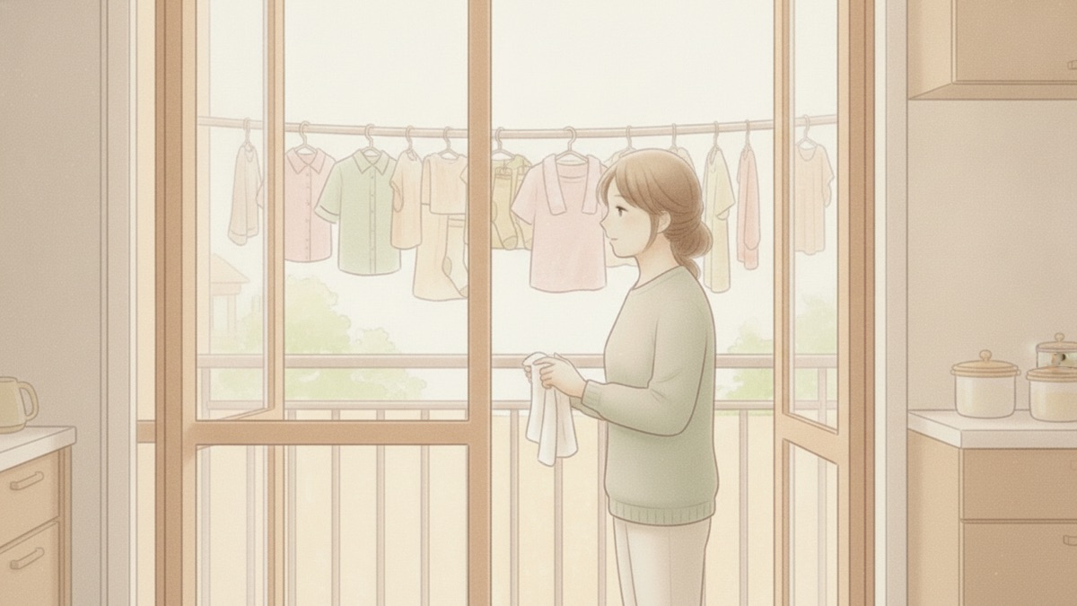 洗濯物を干しながら、ふと考えごとをする母親のイラスト