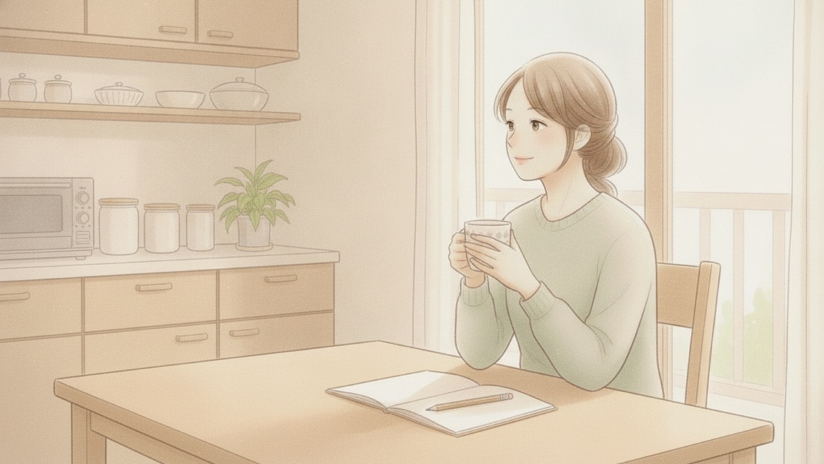 週末の食卓で、お茶を飲みながらひと息つく母親のイラスト