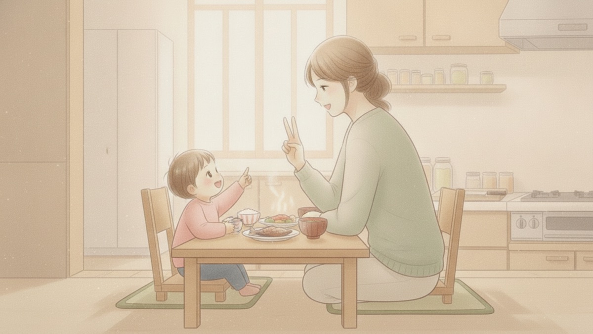食卓で子どもに「どっち？」と2択でたずねる母親のイラスト
