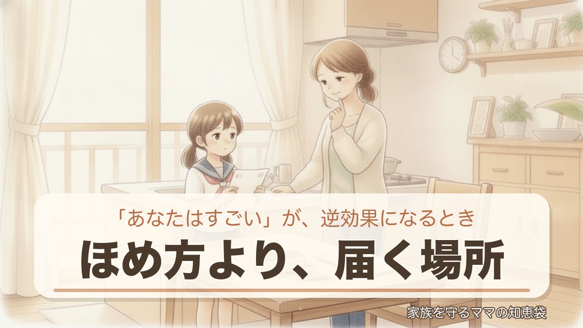 「あなたはすごい」と言われて一瞬うつむく子どもと、少し戸惑う母親