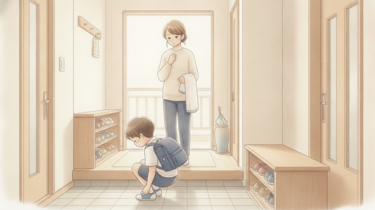 玄関で靴を脱ぐ子どもと、少し離れて見ている母親の水彩イラスト