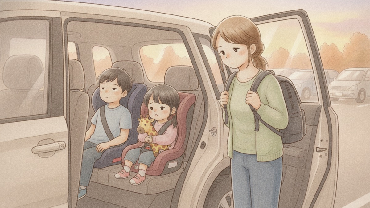 動物園帰りの車の前で、疲れた顔の母とふくれっつらの子どもたち