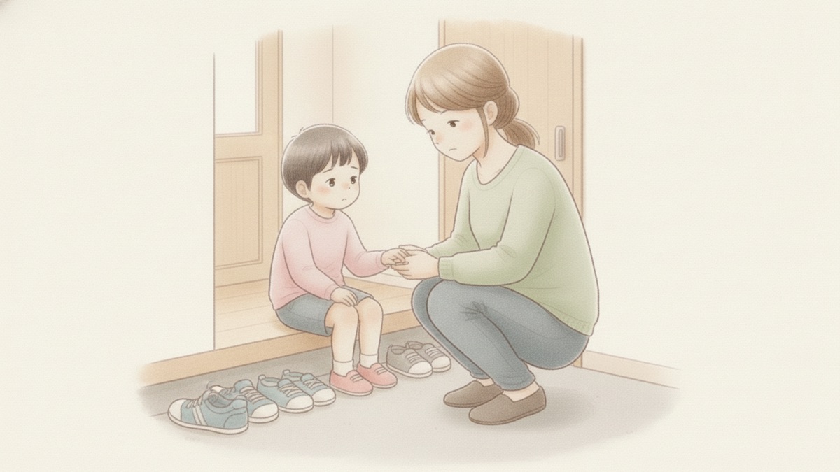 注射の日の朝、玄関で子どもの手をにぎって話を聞く母