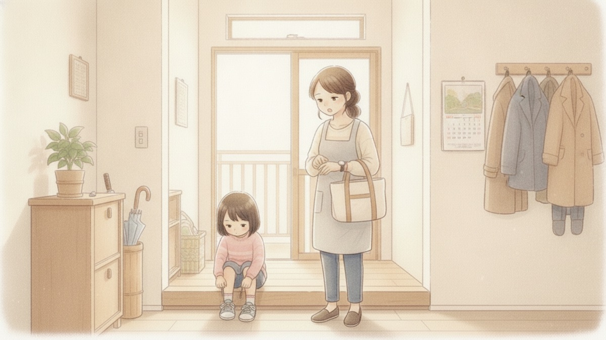 子ども時代の玄関で靴をはく女の子と、時計を見ながら急かす母親の記憶