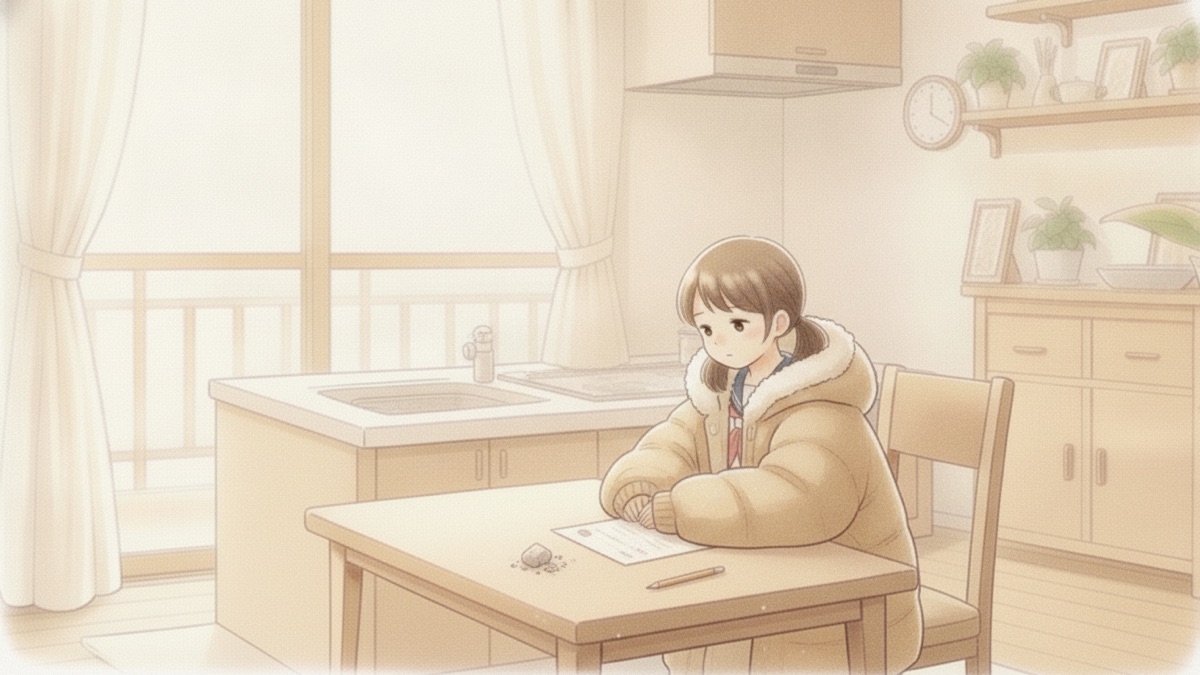大きすぎるコートを着て、答案の前に座る子ども