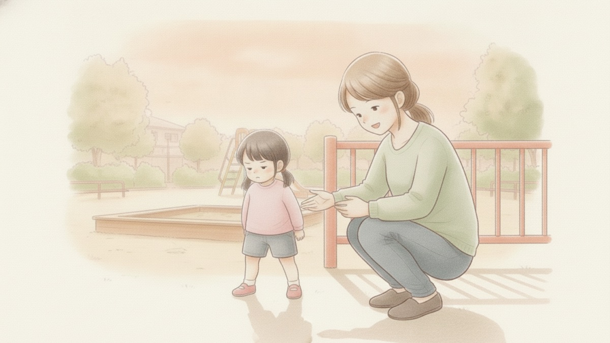 夕焼けの公園の出口で、帰りたくない子に手を差しのべる母