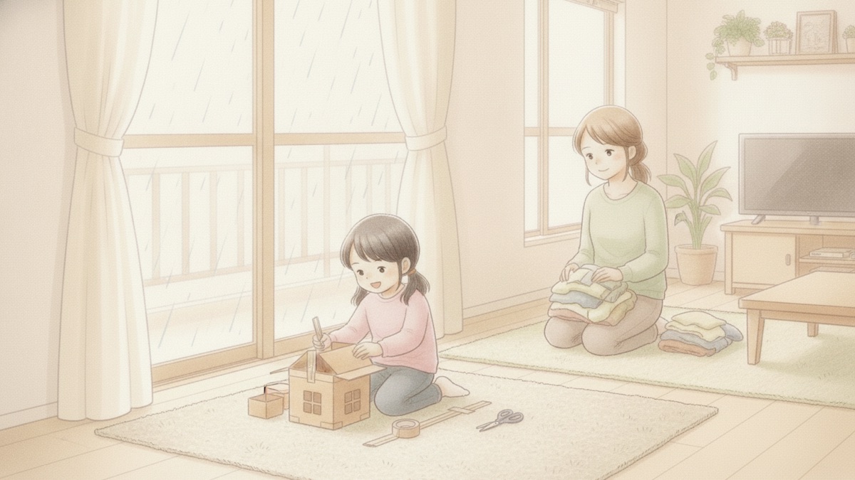 雨の日、段ボールで家を作る子どもと、洗濯物をたたみながら見守る母