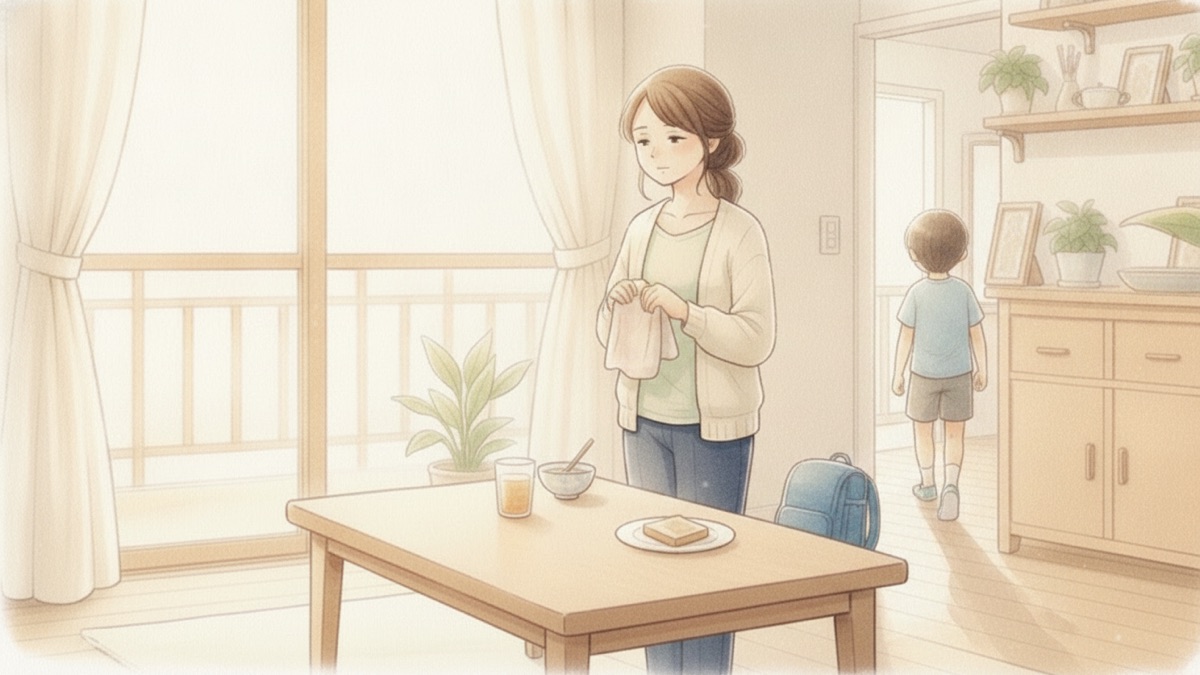 部屋に入っていく子どもを見送る母親