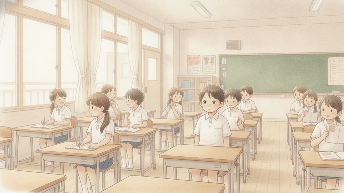 教室で少し気を張った表情で座っている子どもの水彩イラスト
