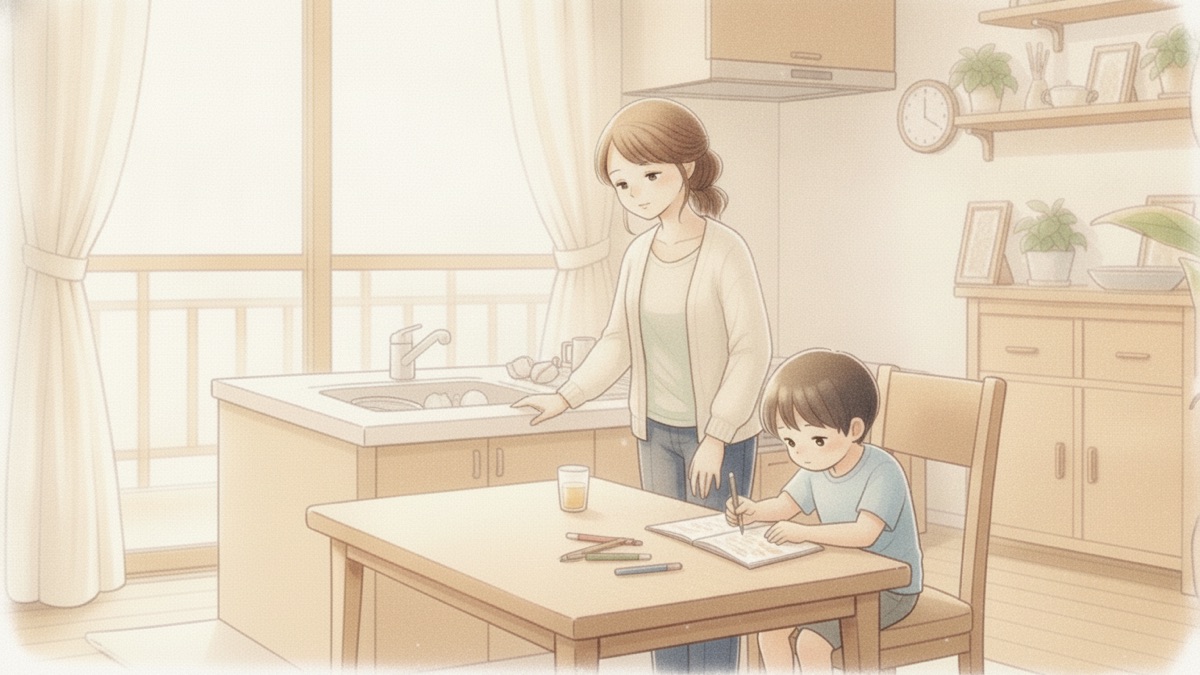 宿題のノートを覗き込む母親と、ページを指さす子ども