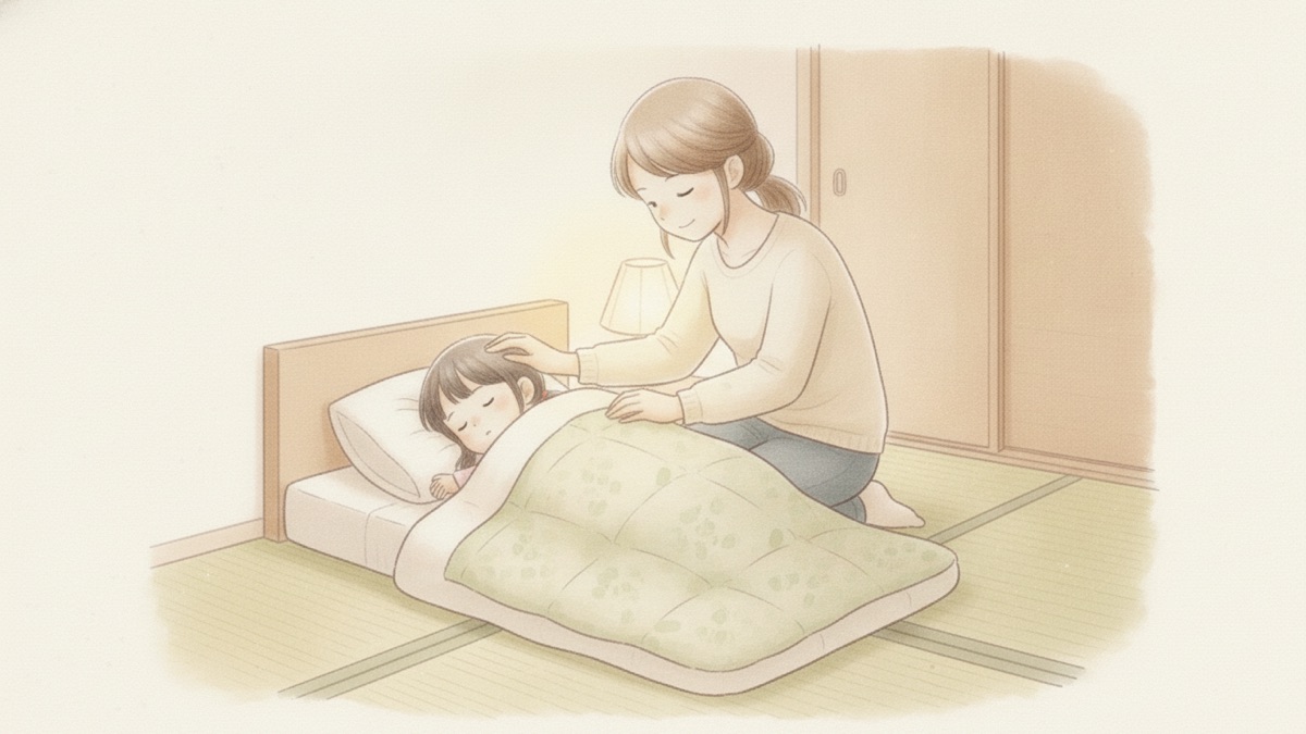 眠る子どもの髪をなでる母