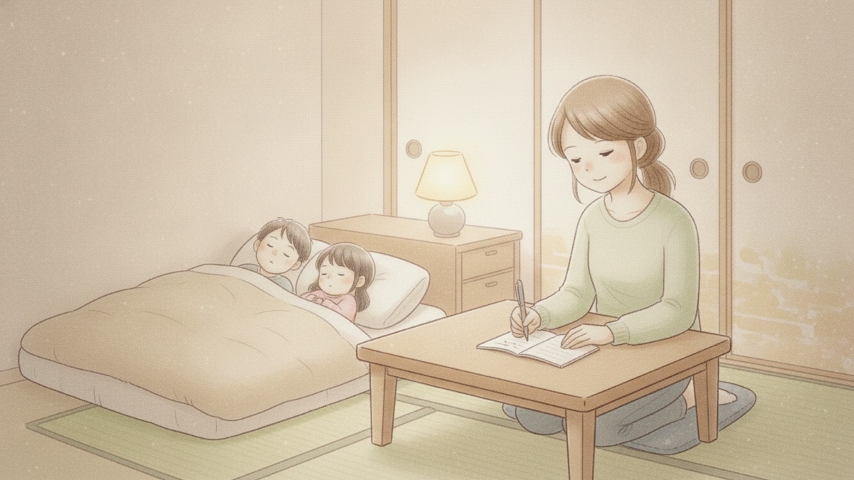 寝ている子どもたちの横で、ノートに1行書く母親