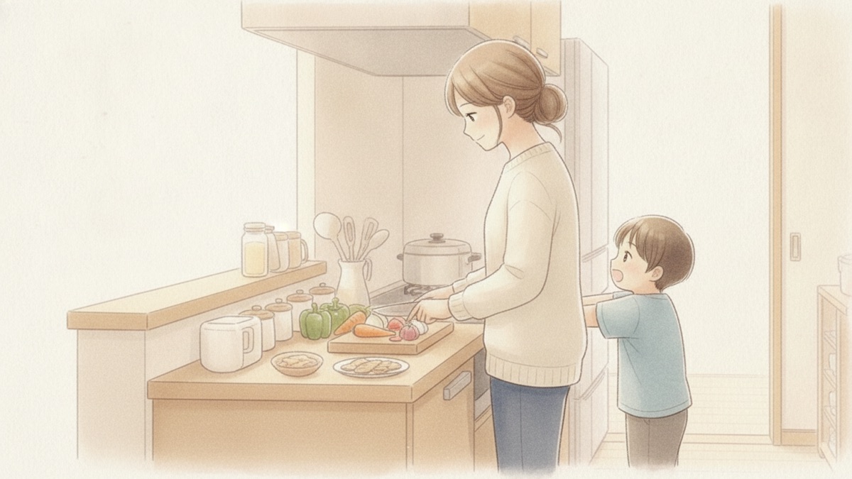 夕飯の支度をする母親に、ふいに話しかける子どもの水彩イラスト